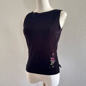 VTG No Boundaries Black Velvet Floral Embroidered Tank Top Juniors Small 3/5 Y2K